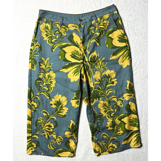 Women’s XL Floral Capri Pants Blue Green Yellow Lightweight Cropped Casual