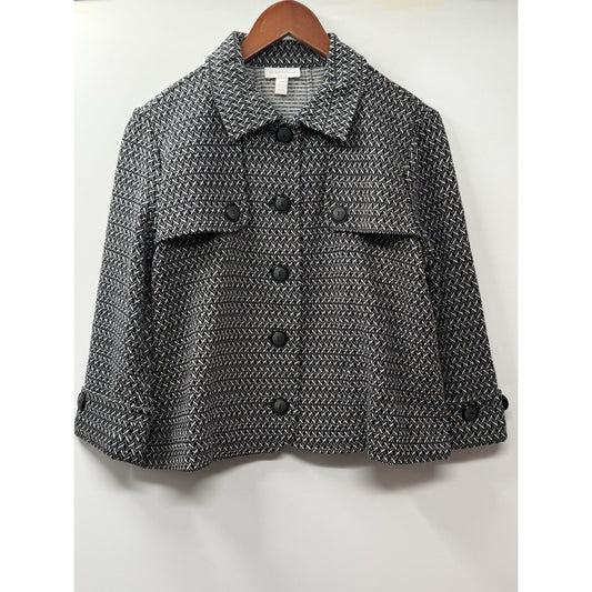 Charter Club Petite Textured Knit Jacket Black White Petite Medium Button Front