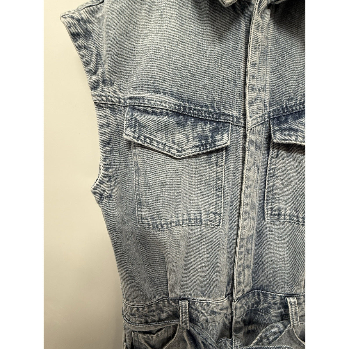 VICI Blue Denim Jumpsuit Womens S Sleeveless Collared Wide Leg Belted Pockets