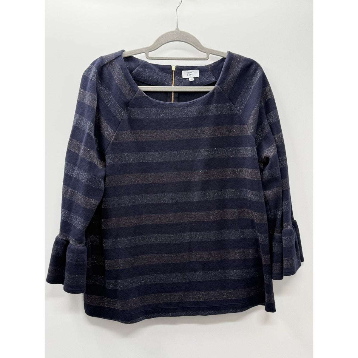 Crown & Ivy XL Navy Metallic Stripe Top Ruffle Bell Sleeve Knit Career Holiday