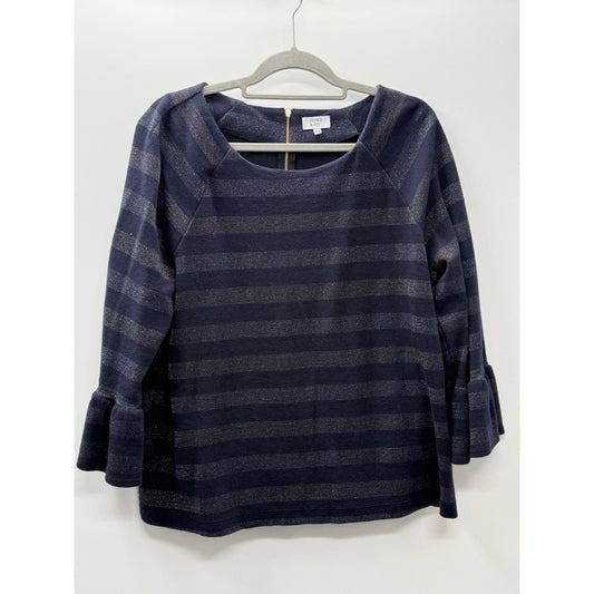 Crown & Ivy XL Navy Metallic Stripe Top Ruffle Bell Sleeve Knit Career Holiday