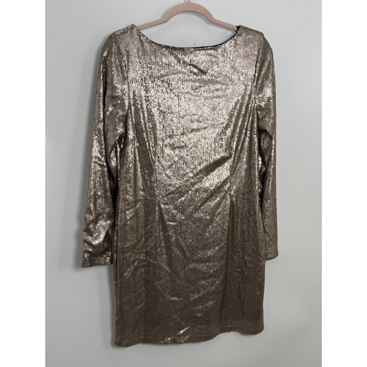 Kardashian Kollection Gold Sequin Shift Dress Sz L Scoop Neck Long Sleeve Flaw