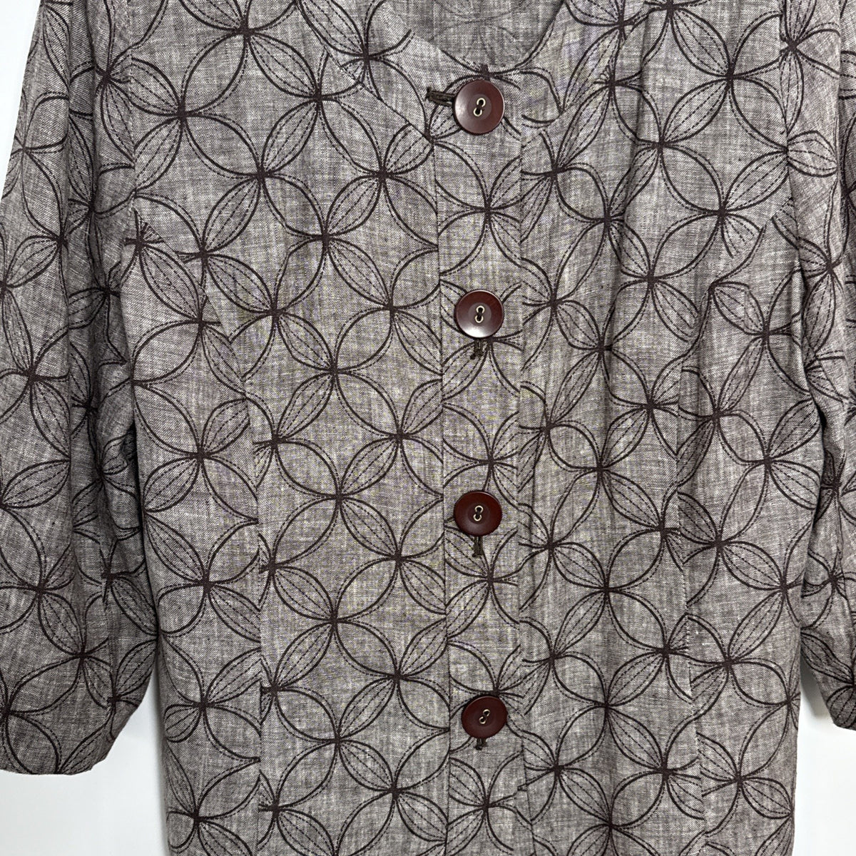 JM Collection Sz 16 Brown Geometric 100% Linen 3/4 Sleeve 4 button Jacket