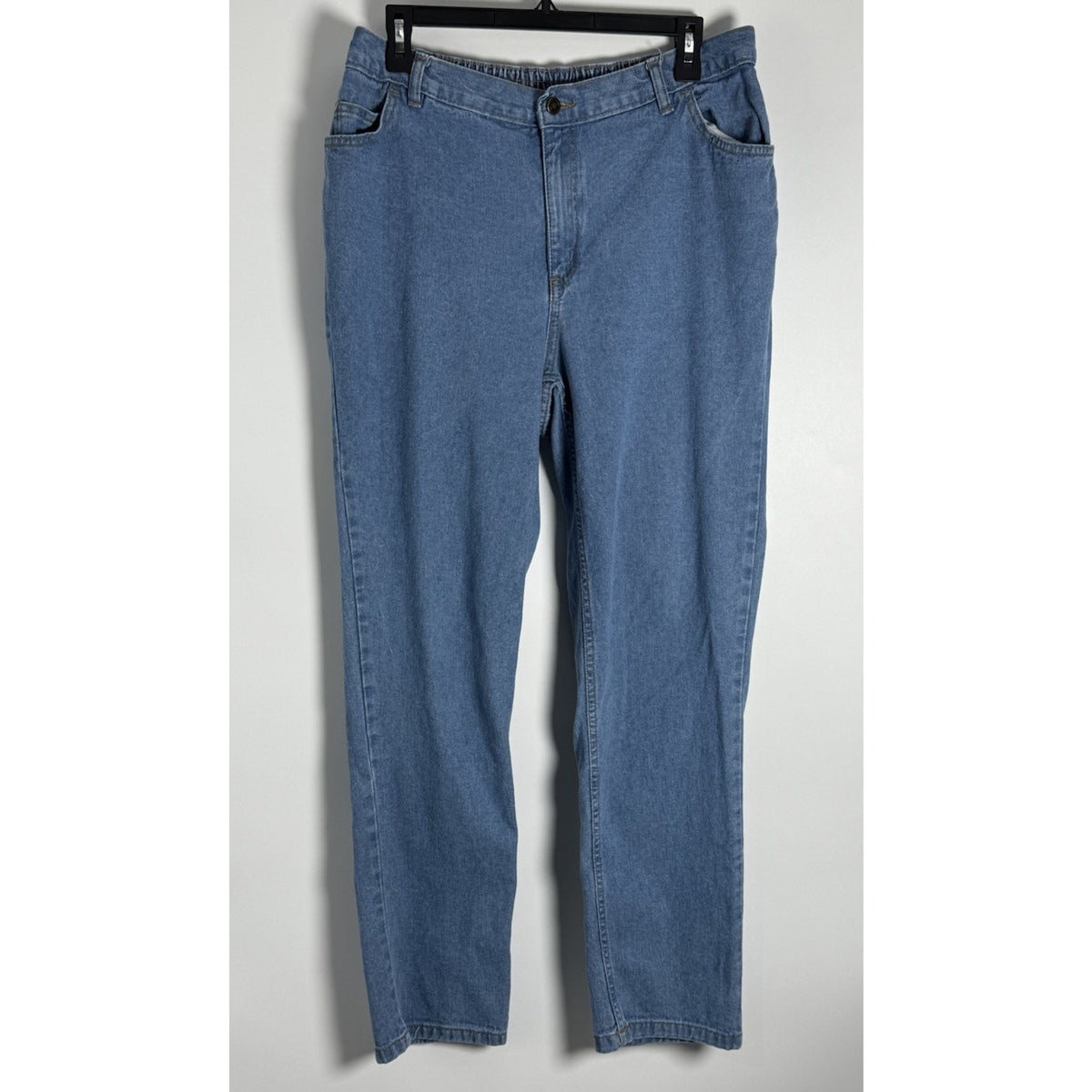 Woman Within 14W Light Wash Jeans Zip Fly Straight Leg Cotton Denim Spot Flaw