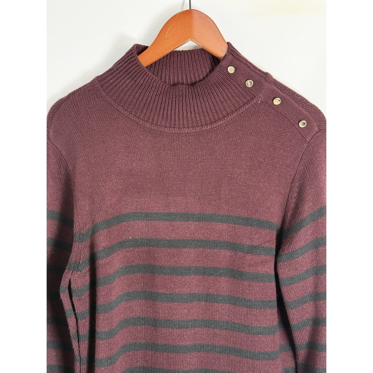 New York & Company Burgundy Striped Sweater Dress L Mock Neck Button Shoulder