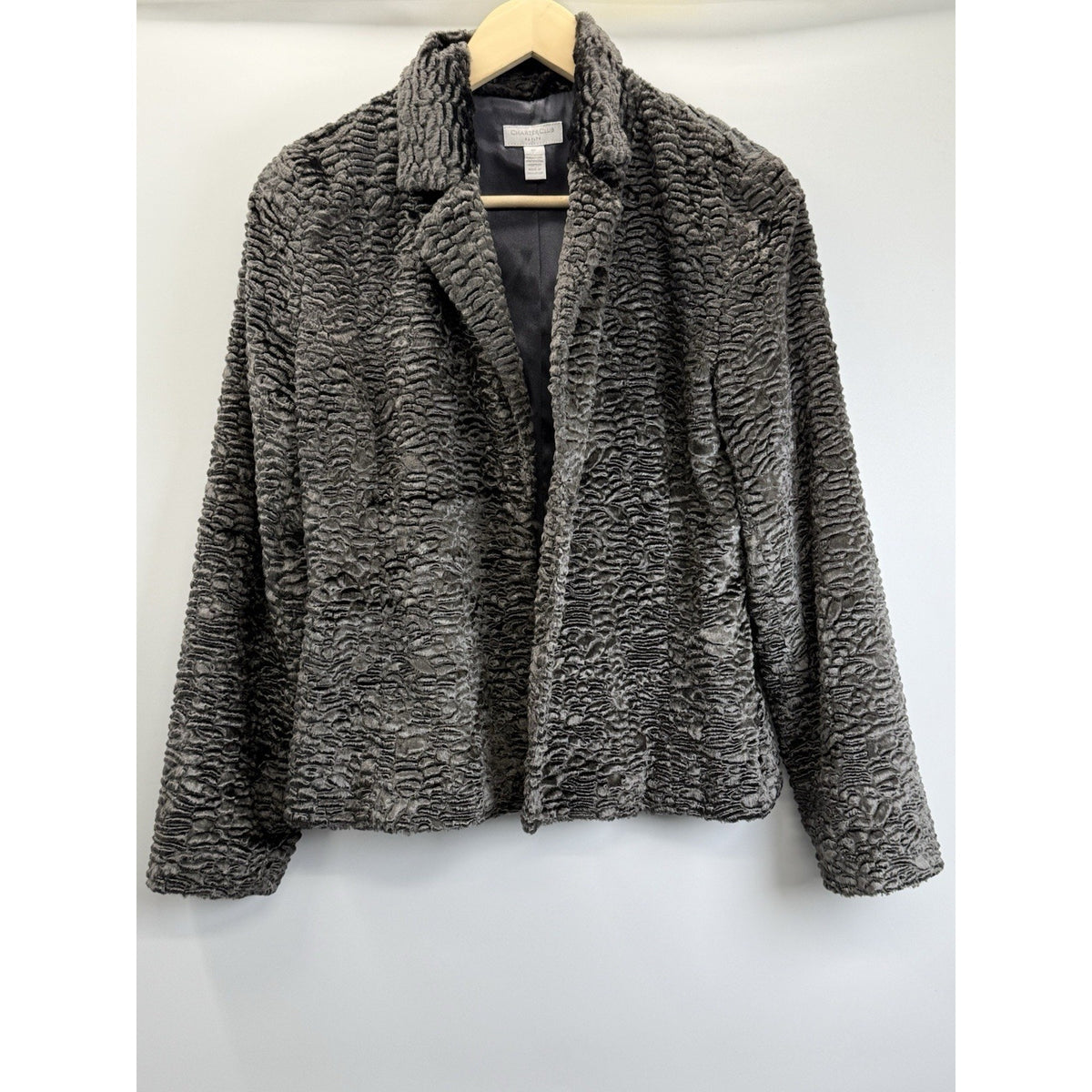 Charter Club (Flawed) Petite Faux Fur Textured Jacket Gray 8P Cropped Glam Chic