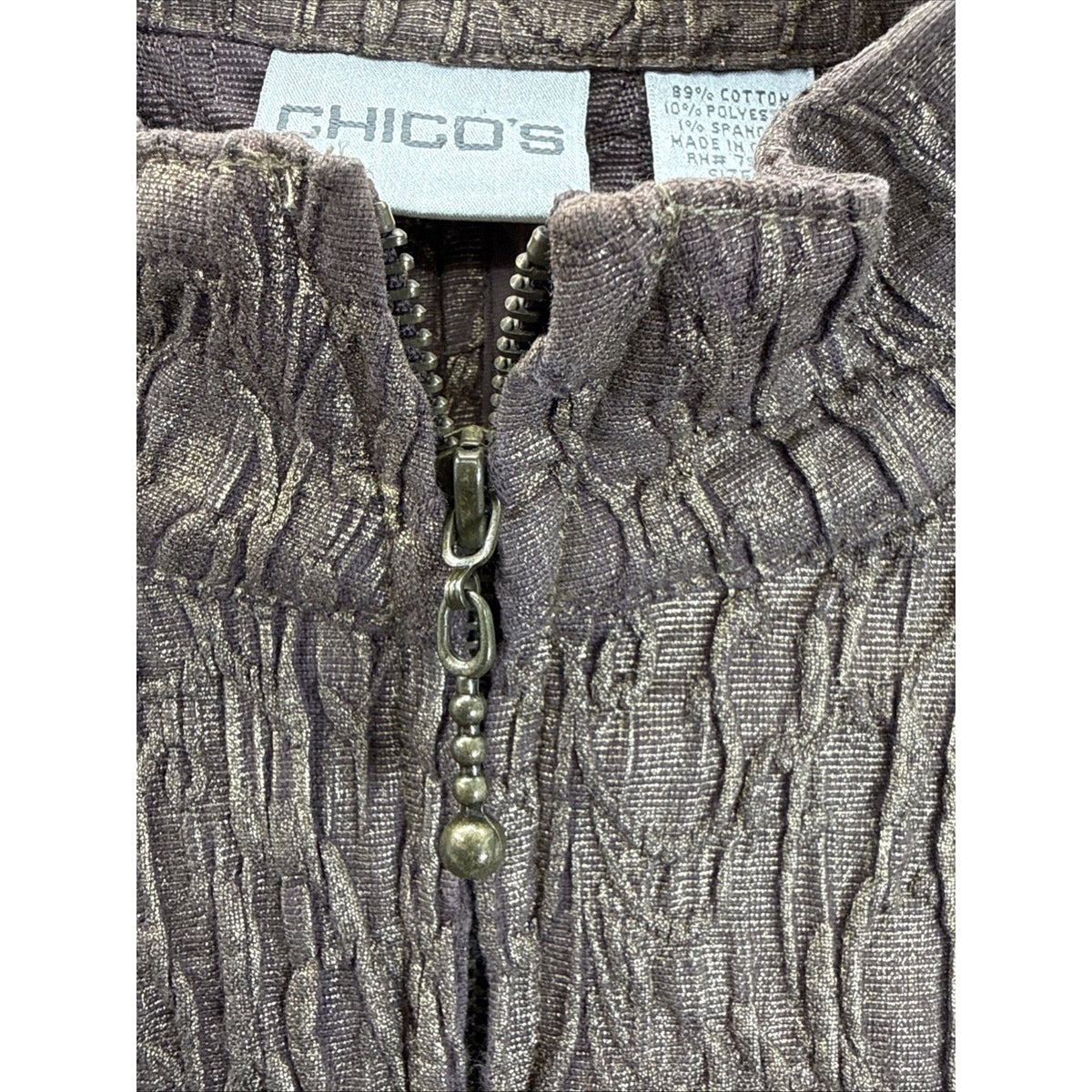 Chico's 2 Women's Metallic Gold Bronze Crinkle Texture Full Zip Jacket Coat Top