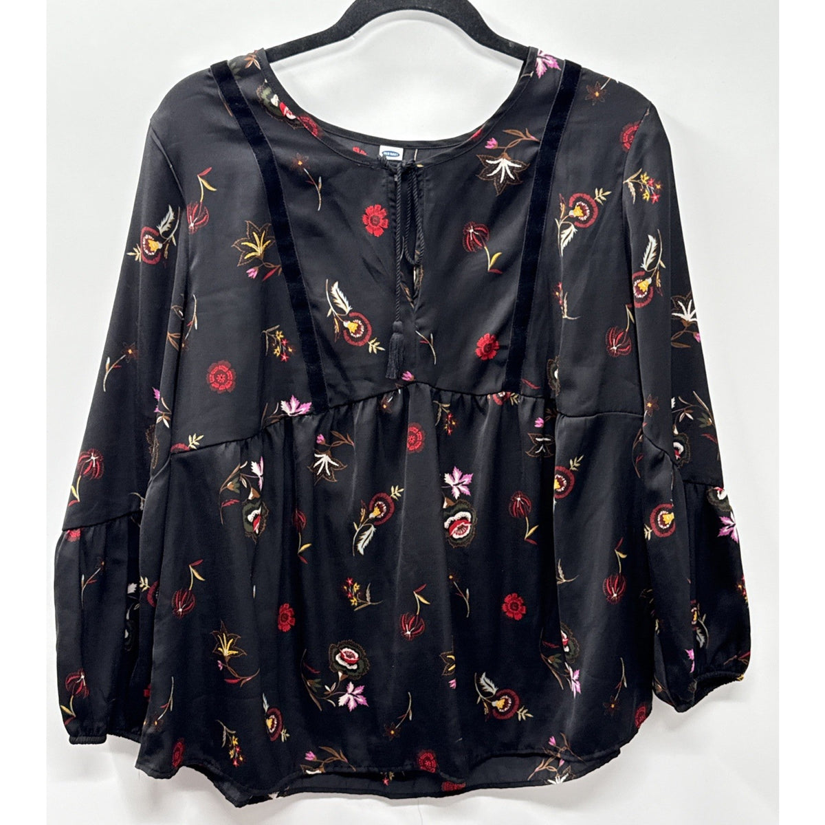Old Navy Womens Blouse Top Sz L Black Boho Peasant Floral V Neck Tassel Tie Poly
