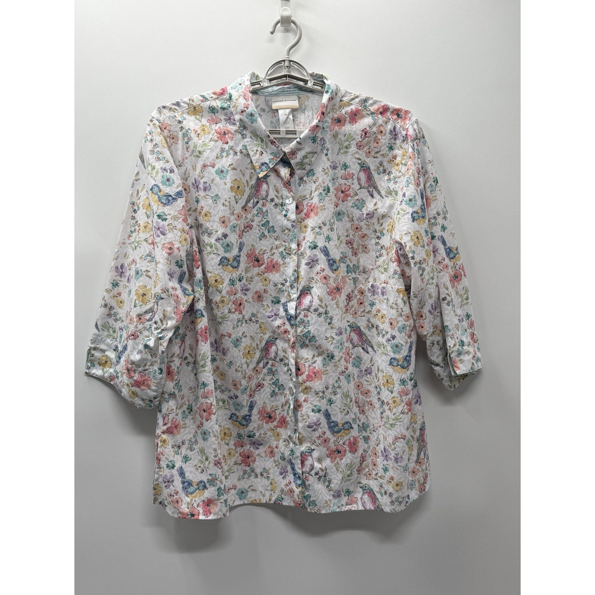 Alfred Dunner 3X Bird Floral Button Front Shirt 3/4 Sleeve Plus Sz Cotton Blend