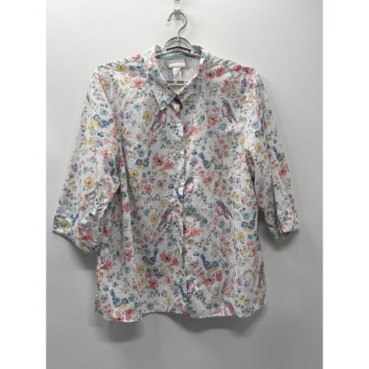 Alfred Dunner 3X Bird Floral Button Front Shirt 3/4 Sleeve Plus Sz Cotton Blend