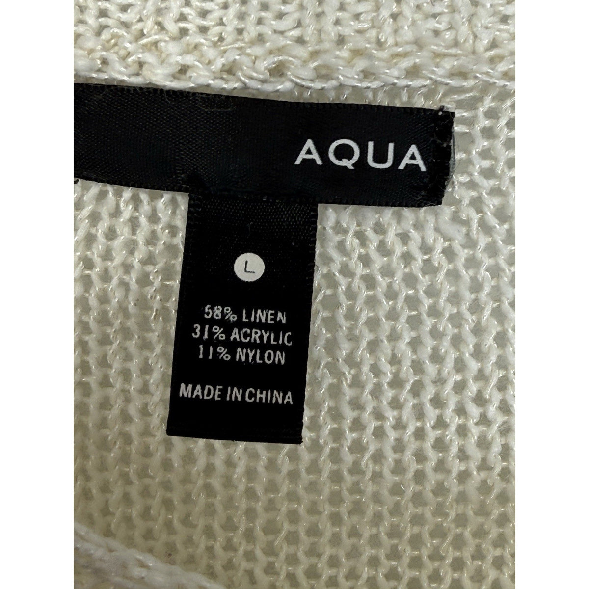 AQUA Striped Knit Sweater Womens L Ivory Black Linen Blend Crew Neck