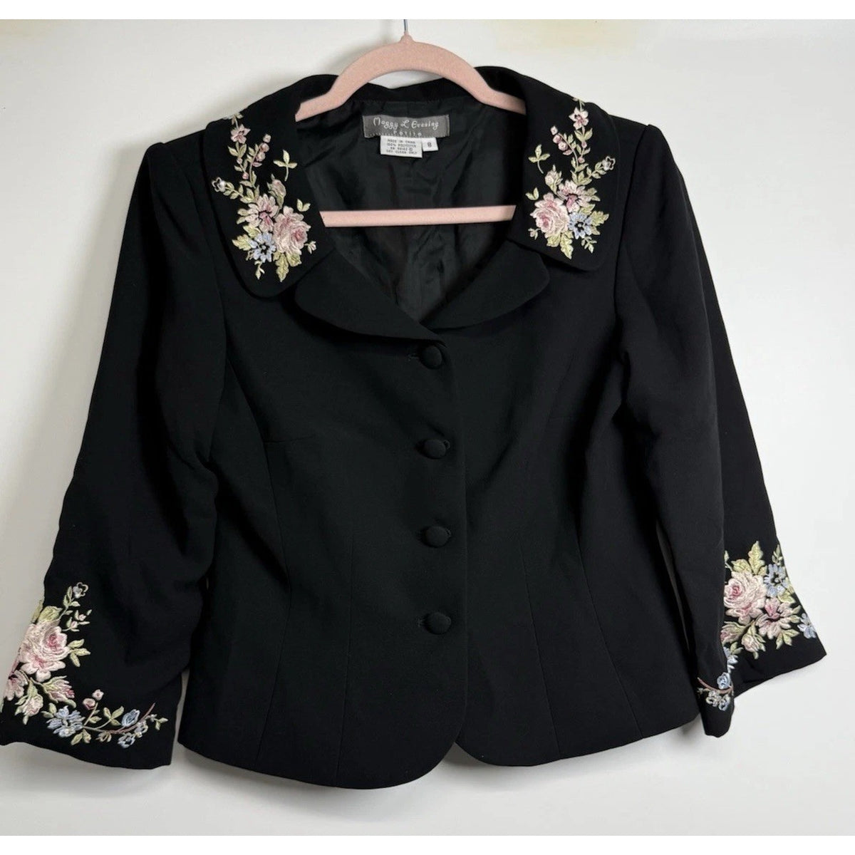 Maggy L EveningBlack Floral Embroidered Jacket Women’s Size 8 Button Front Boho