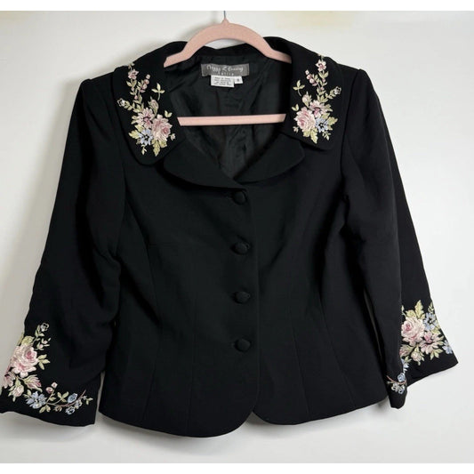 Maggy L EveningBlack Floral Embroidered Jacket Women’s Size 8 Button Front Boho