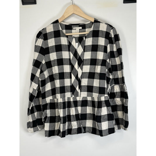 Cato Black White Buffalo Plaid Open Front Peplum Top Women’s L Cotton