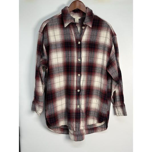 H&M Plaid Flannel Button Front Shirt Shacket Plaid Long Sleeve Women’s XS