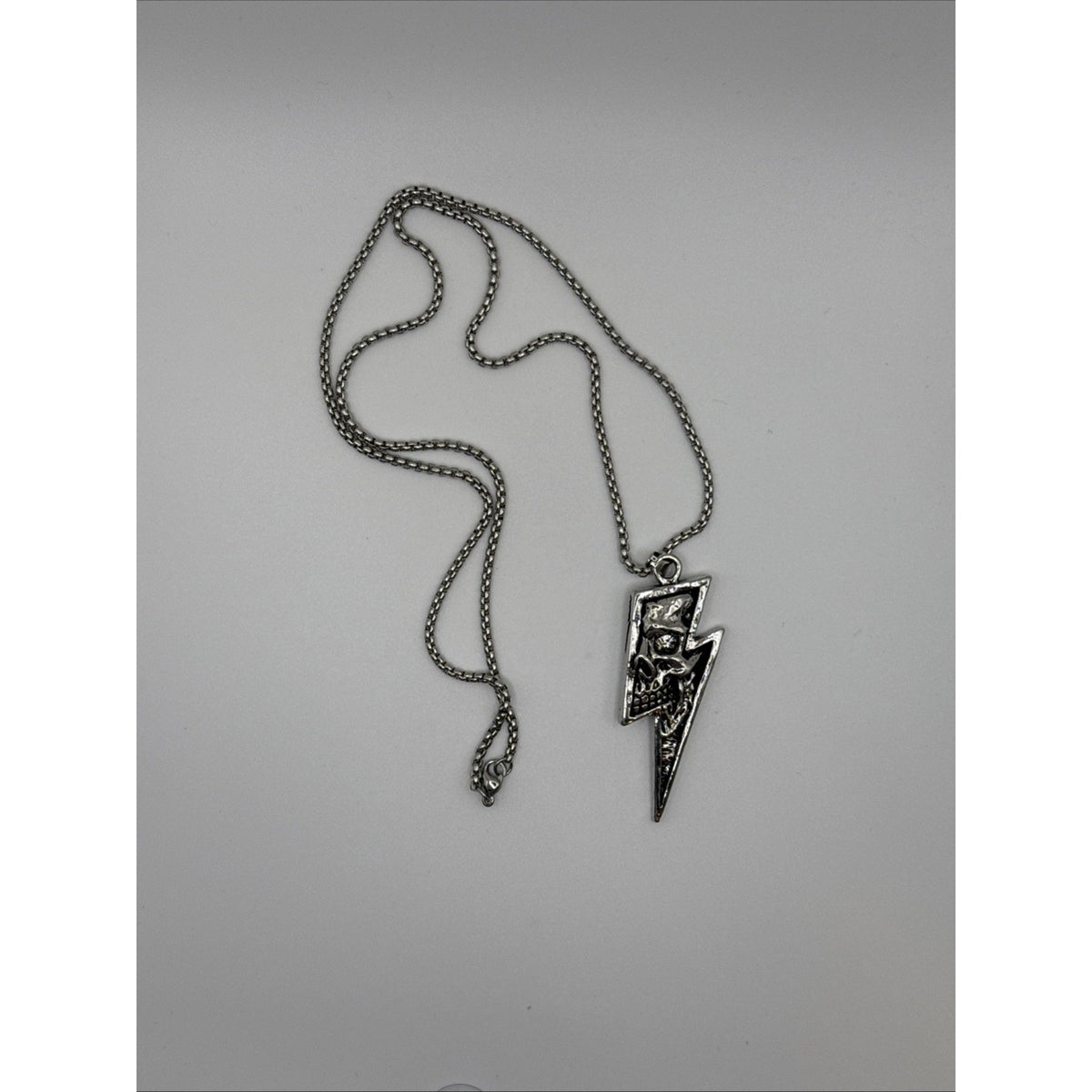 Skull Lightning Bolt Pendant Necklace Silver Tone Gothic Punk Biker Grunge Emo