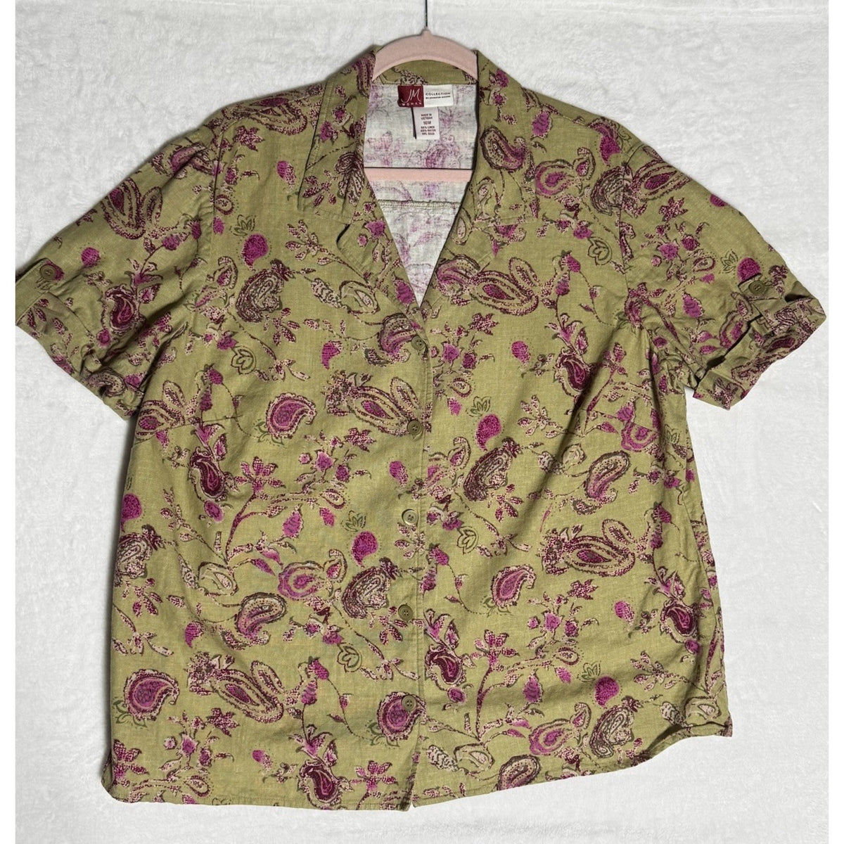 JM Collection Womens 16W Linen Rayon Paisley Floral Button Shirt Green Pink