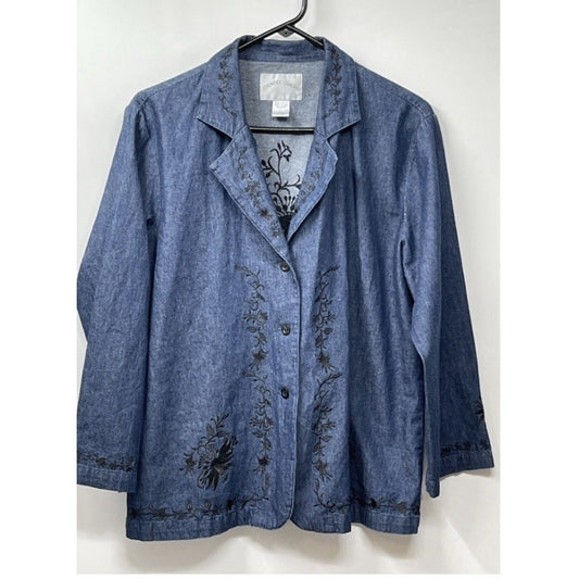 Country Concept Jean Denim Shirt/Jacket Sz Large Embroidered Boho Lt Weight