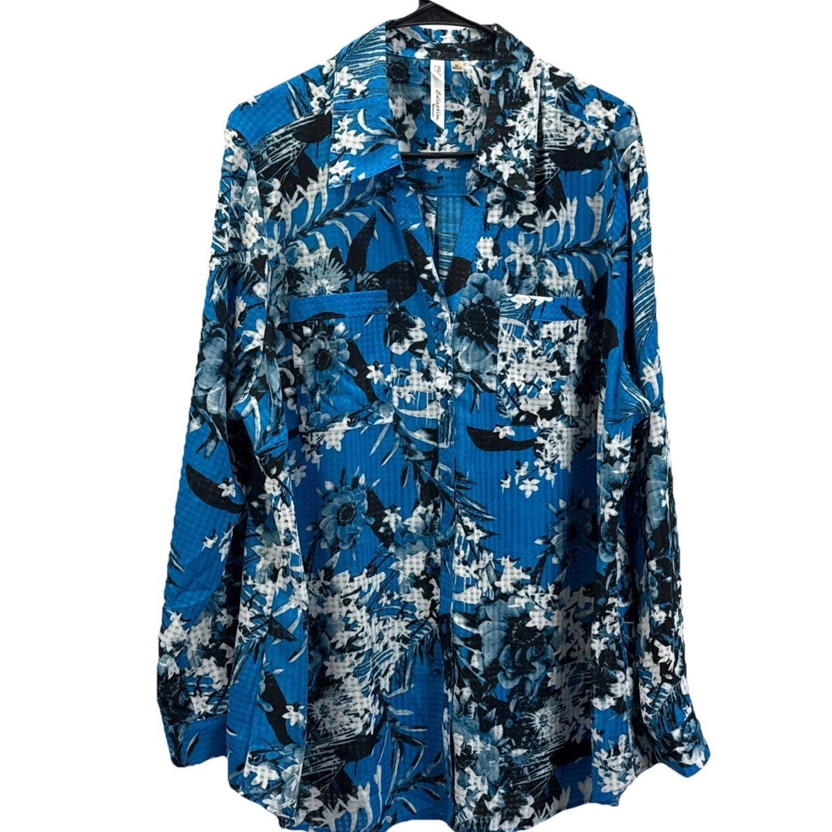 NY Collection Woman Blue Black Floral Blouse Top 3X Roller Tab Sleeve