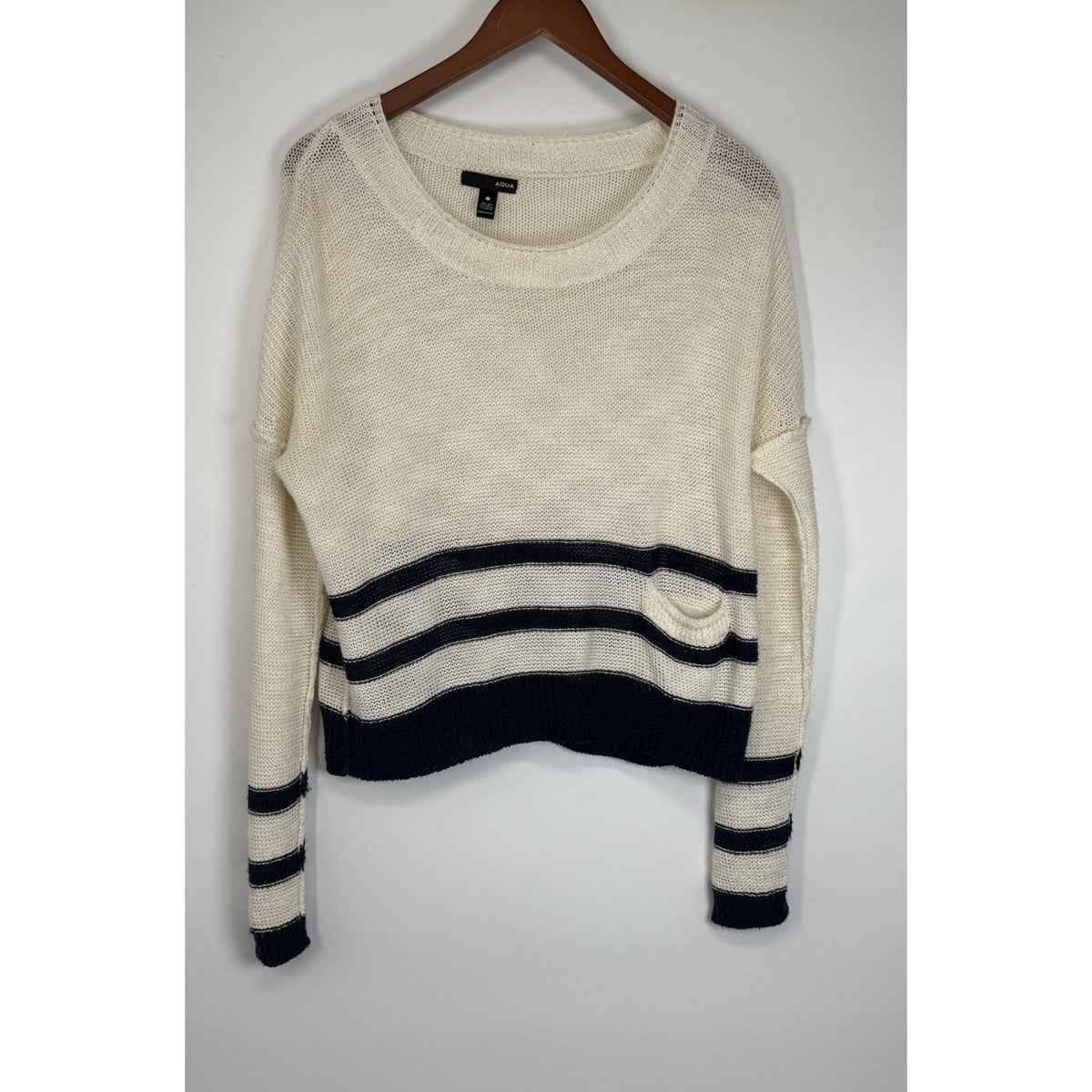AQUA Striped Knit Sweater Womens L Ivory Black Linen Blend Crew Neck