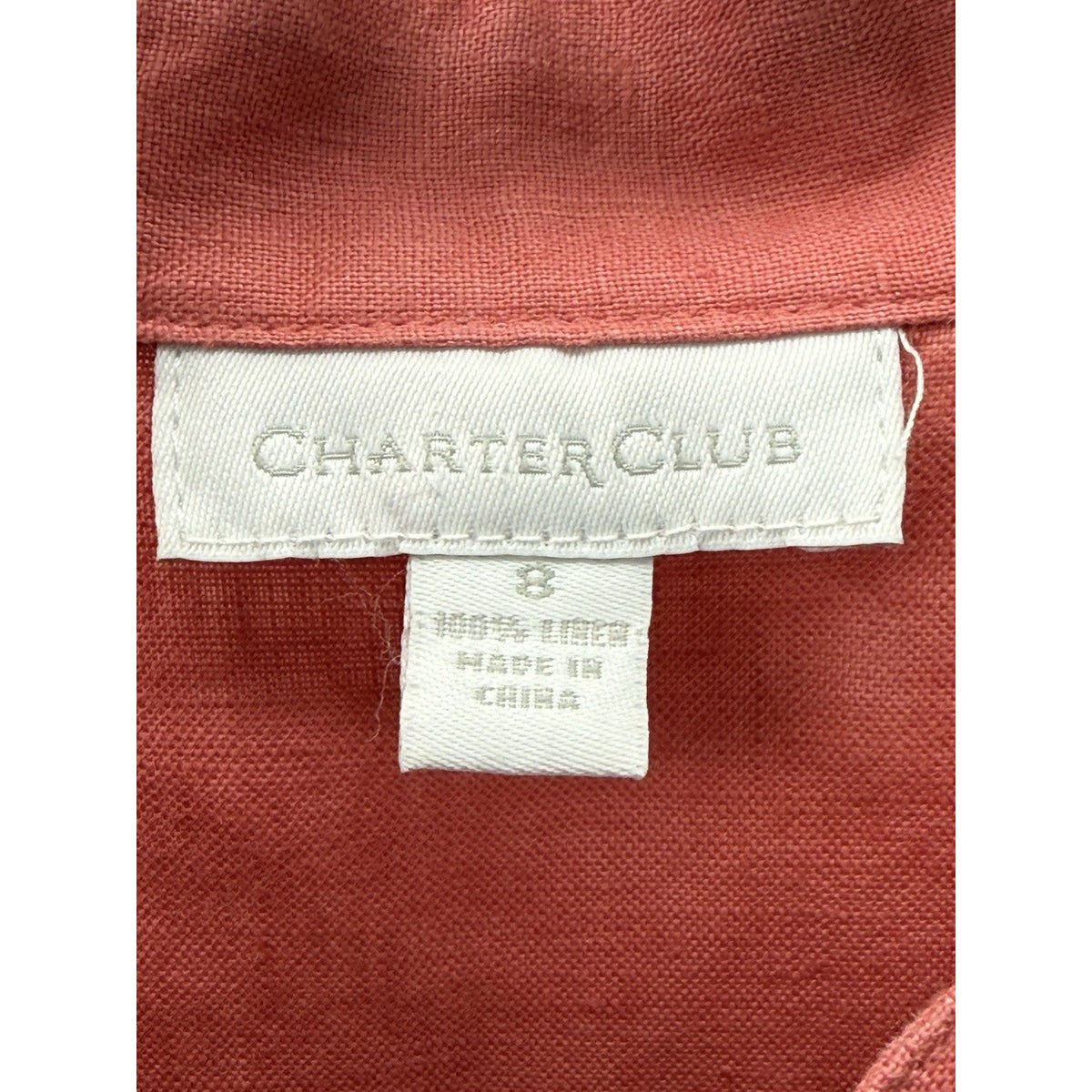 Charter Club Linen Top Sz 8 Coral Pink Roll-Tab Sleeve Mandarin Collar Coastal