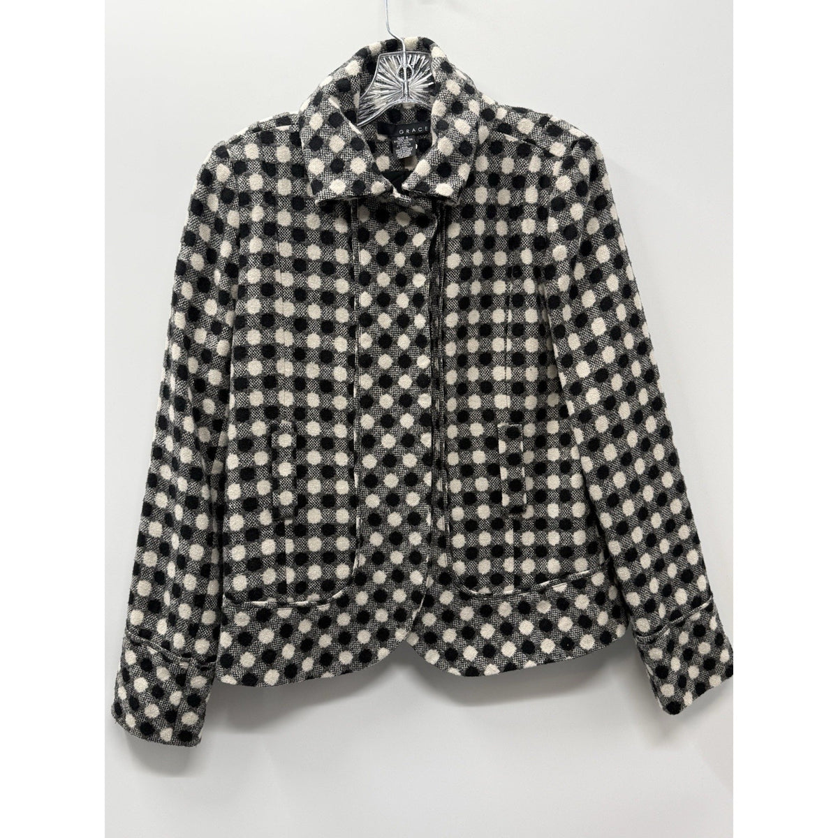 Grace Wool Blend Jacket Womens Size 4 Black Ivory Check Missing Belt Lined