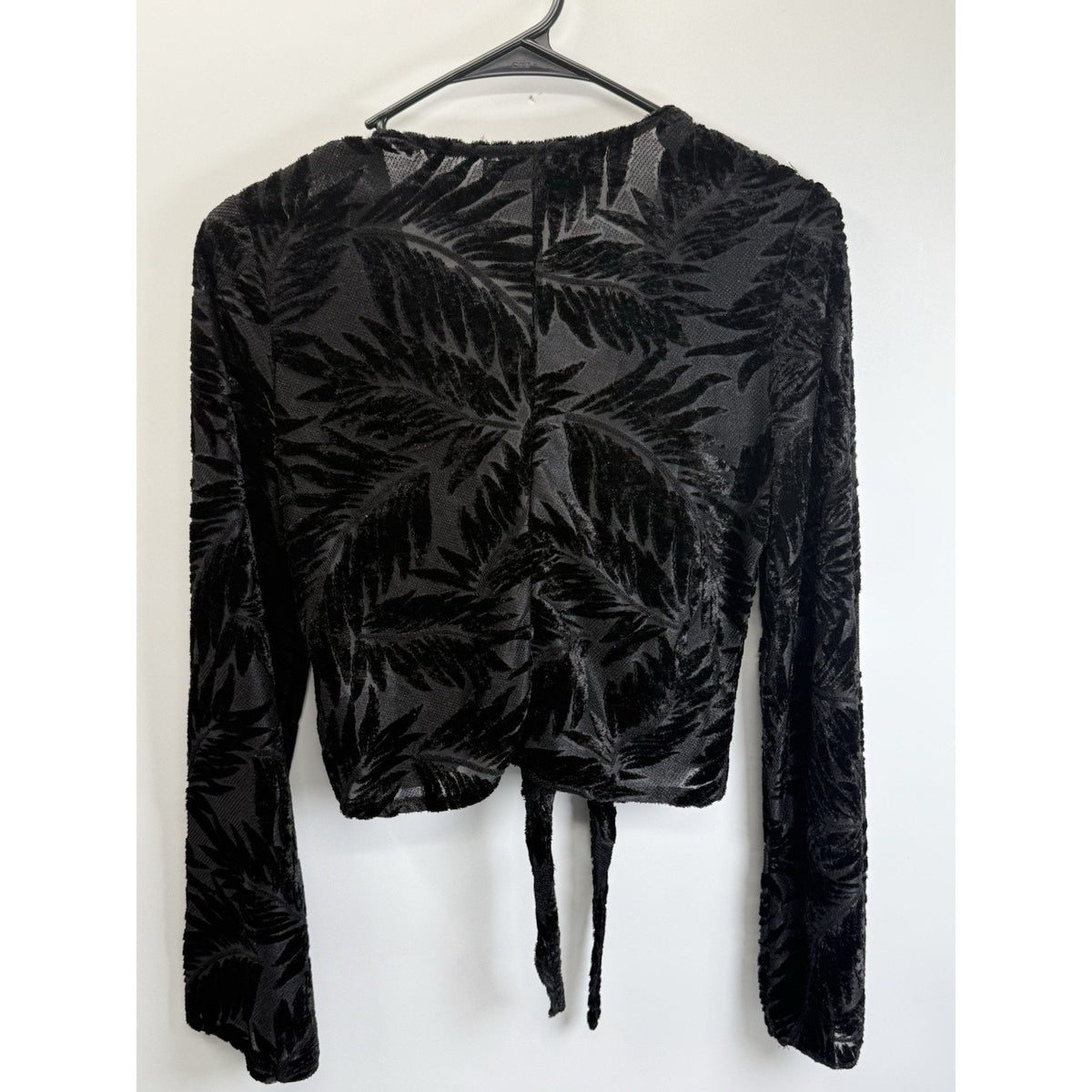Nasty Gal US Sz 2 Black Velvet Burnout Tie Front Crop Top Sheer Boho Y2K Goth
