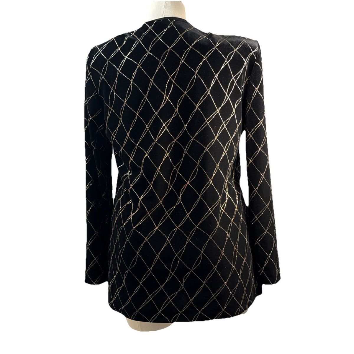 J.B.S. LTD. Size 12 Vintage Velvet Metallic Grid Open Front Jacket Black/Gold