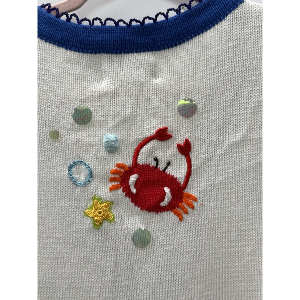 Quacker Factory 1X Nautical Crab Sweater Vest Cardigan White Blue Sequin Beach