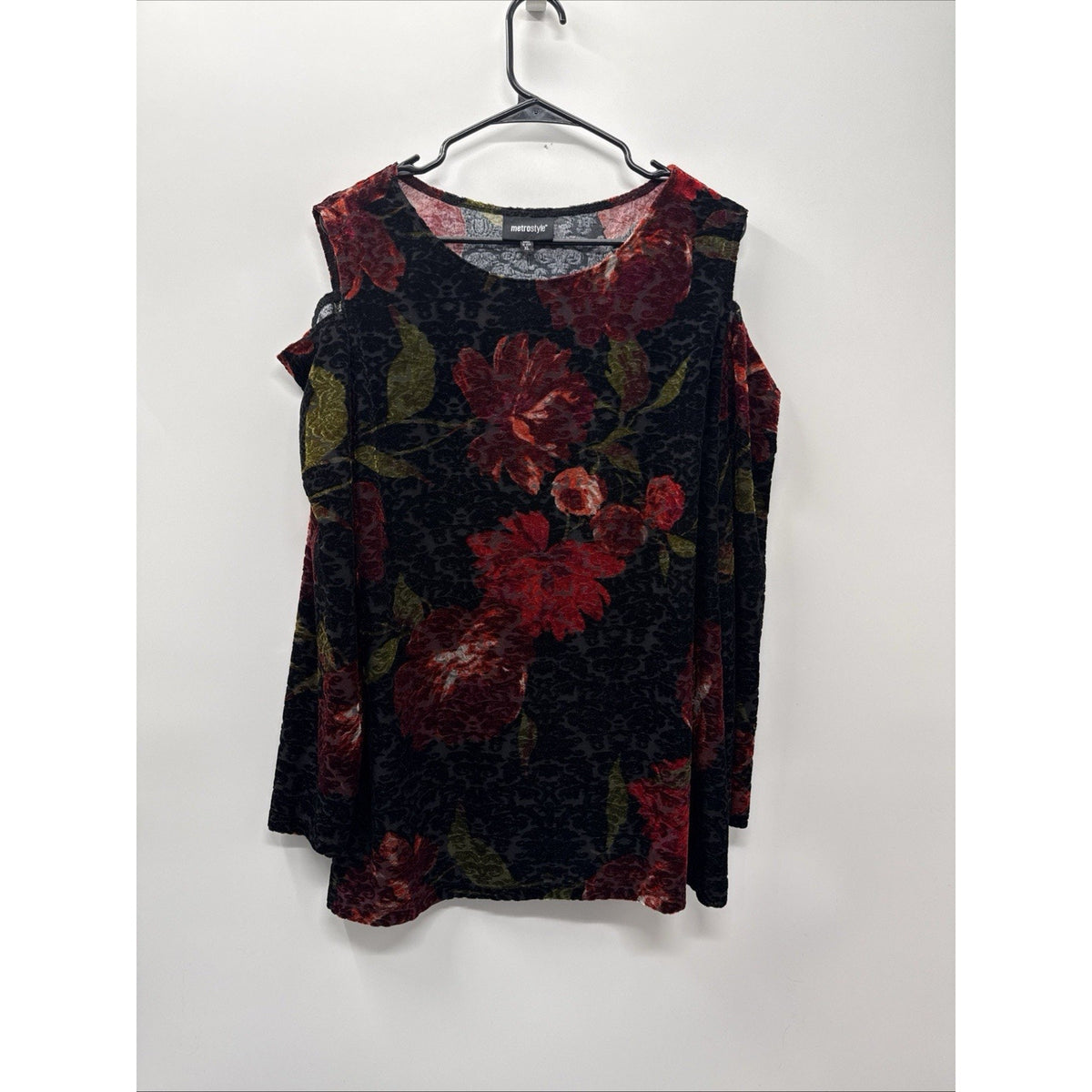 Metrostyle XL Whimsy Goth Velvet Burnout Floral Cold Shoulder Top Dark Romantic
