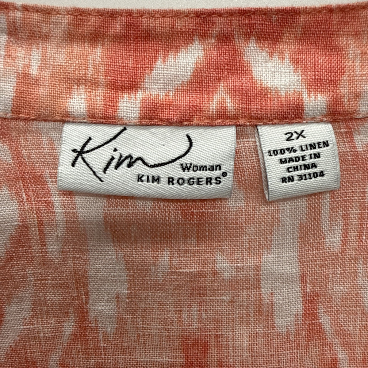Kim Rogers Button Up Shirt Women’s 2X Plus Orange White Ikat Linen ¾ Sleeves Top