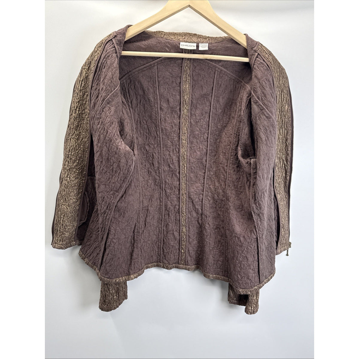 Chico's 2 Women's Metallic Gold Bronze Crinkle Texture Full Zip Jacket Coat Top