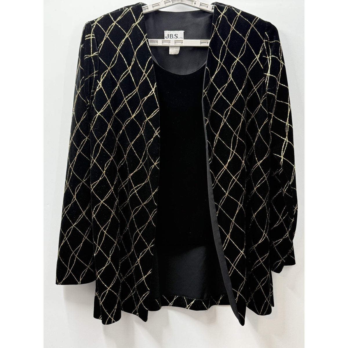 J.B.S. LTD. Size 12 Vintage Velvet Metallic Grid Open Front Jacket Black/Gold