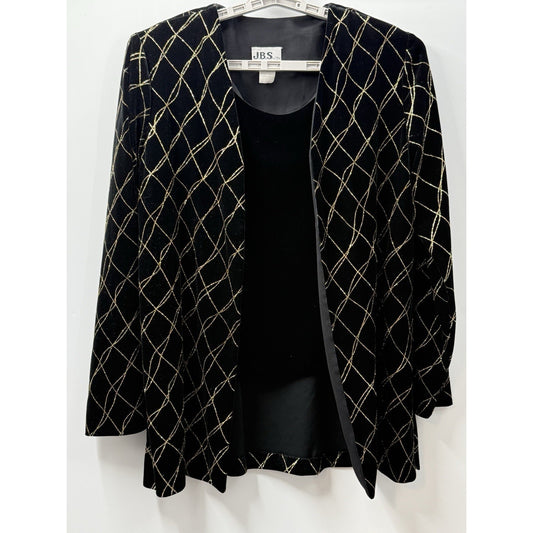 J.B.S. LTD. Size 12 Vintage Velvet Metallic Grid Open Front Jacket Black/Gold