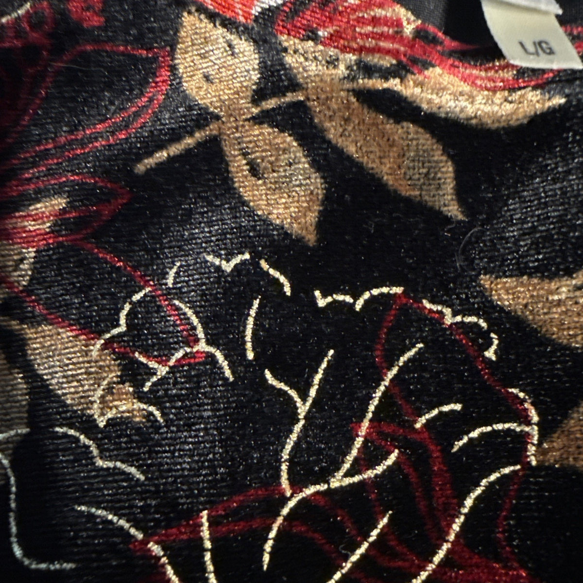 White Stag Large Velvet Top Black Red Gold Metallic Floral LS Whimsigoth