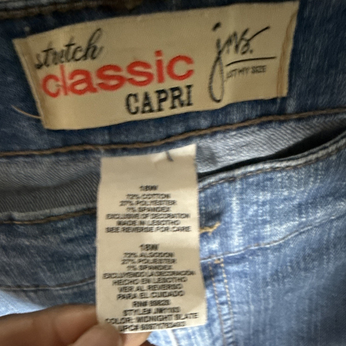 JMS Women’s 18W Blue Stretch Denim Capri Pants Pockets Mid Rise 18 Inseam