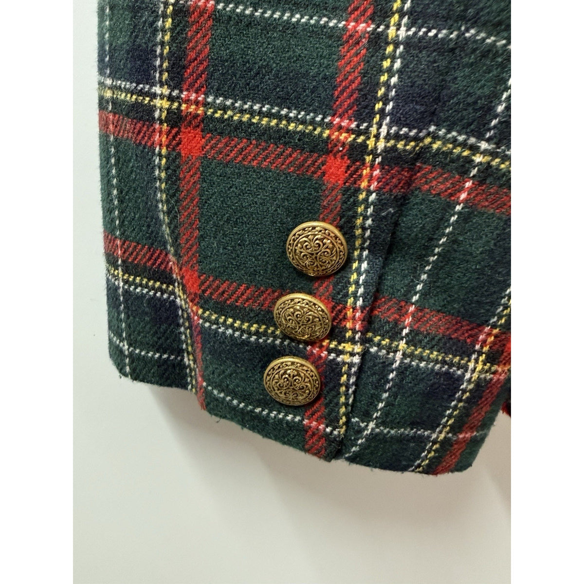 Vintage N Touch Blazer Womens 16 Green Tartan Plaid Wool Gold Button USA