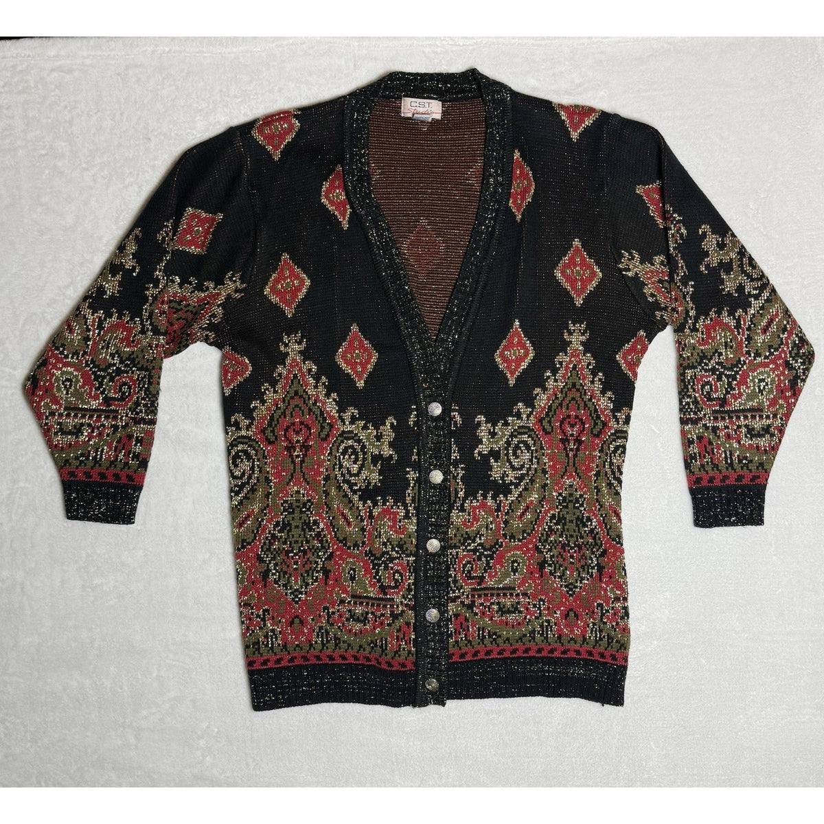 CST Studio Cardigan Sweater Sz 44 Metallic Lurex Black Red Gold Paisley Long