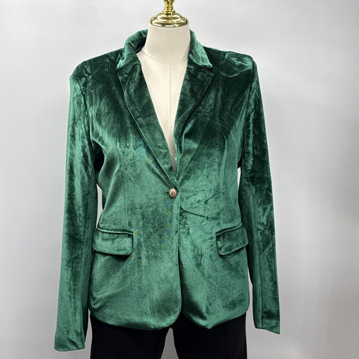 Green Velvet Blazer Womens XL 18 Single Button Gold Buttons Jacket Holiday