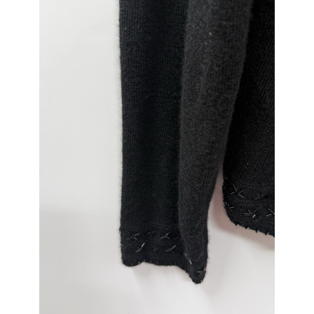 Lord & Taylor Wool Cardigan Sweater L Black Beaded Open Front Collared Classic