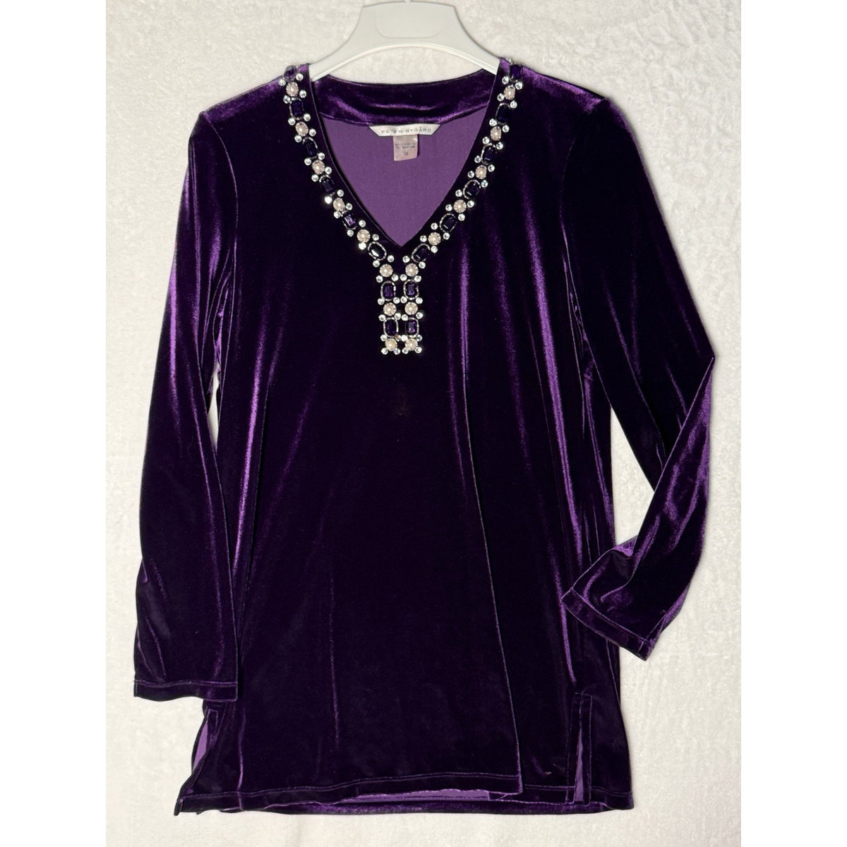 Peter Nygard Womens M Purple Velvet V-Neck Long Sleeve Beaded Rhinestone Top