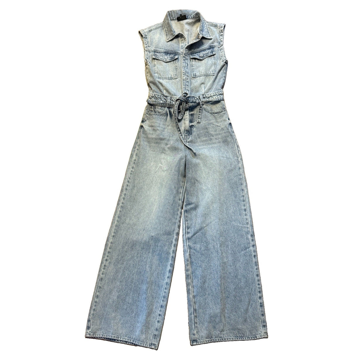 VICI Blue Denim Jumpsuit Womens S Sleeveless Collared Wide Leg Belted Pockets