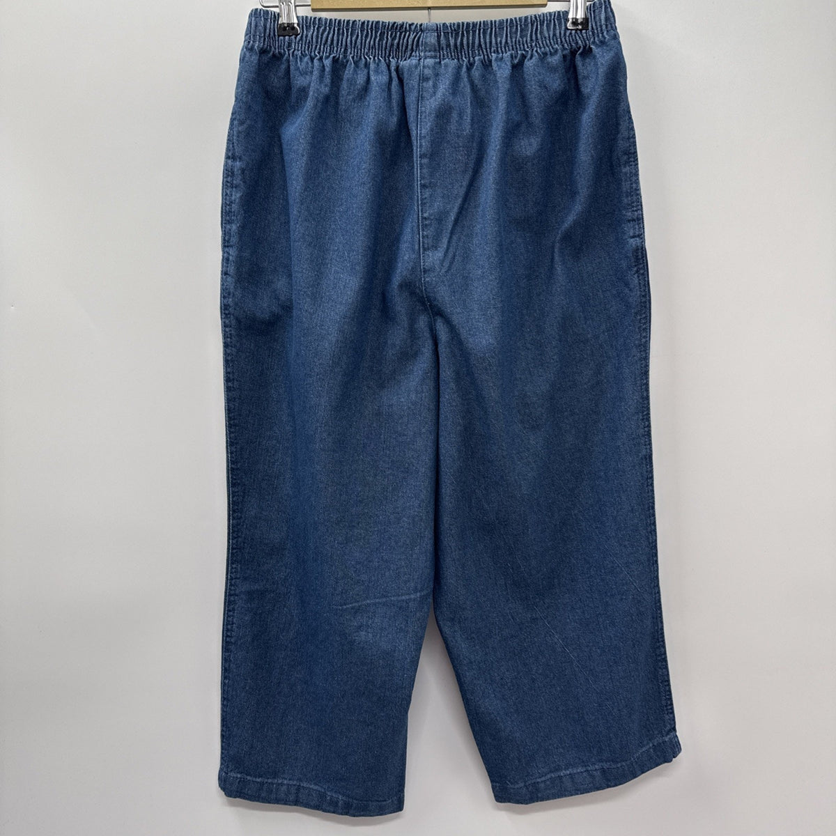 Woman Within Crop Pants Blue Jean Denim Elastic Waist Size 14W Pocket Comfort