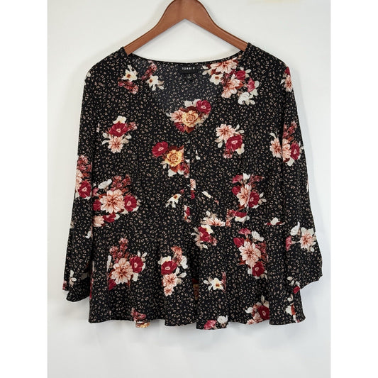 Torrid Floral Peplum Top Size 1 Black Red 3/4 Sleeve Elastic Waist