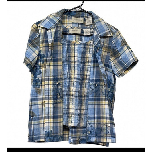 Lemon Grass Women Button Up Shirt & Tank Top Blue Plaid Flower Embroidered Sz Sm