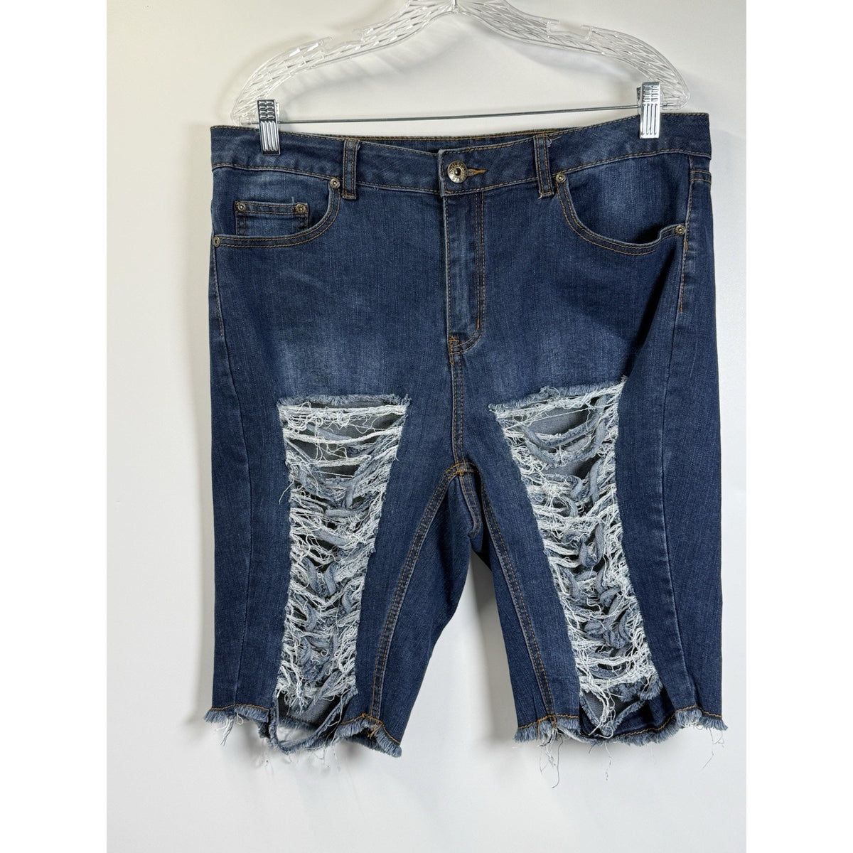 Ashley Stewart Plus Size 16 Distressed Denim Bermuda Shorts Raw Hem Grunge