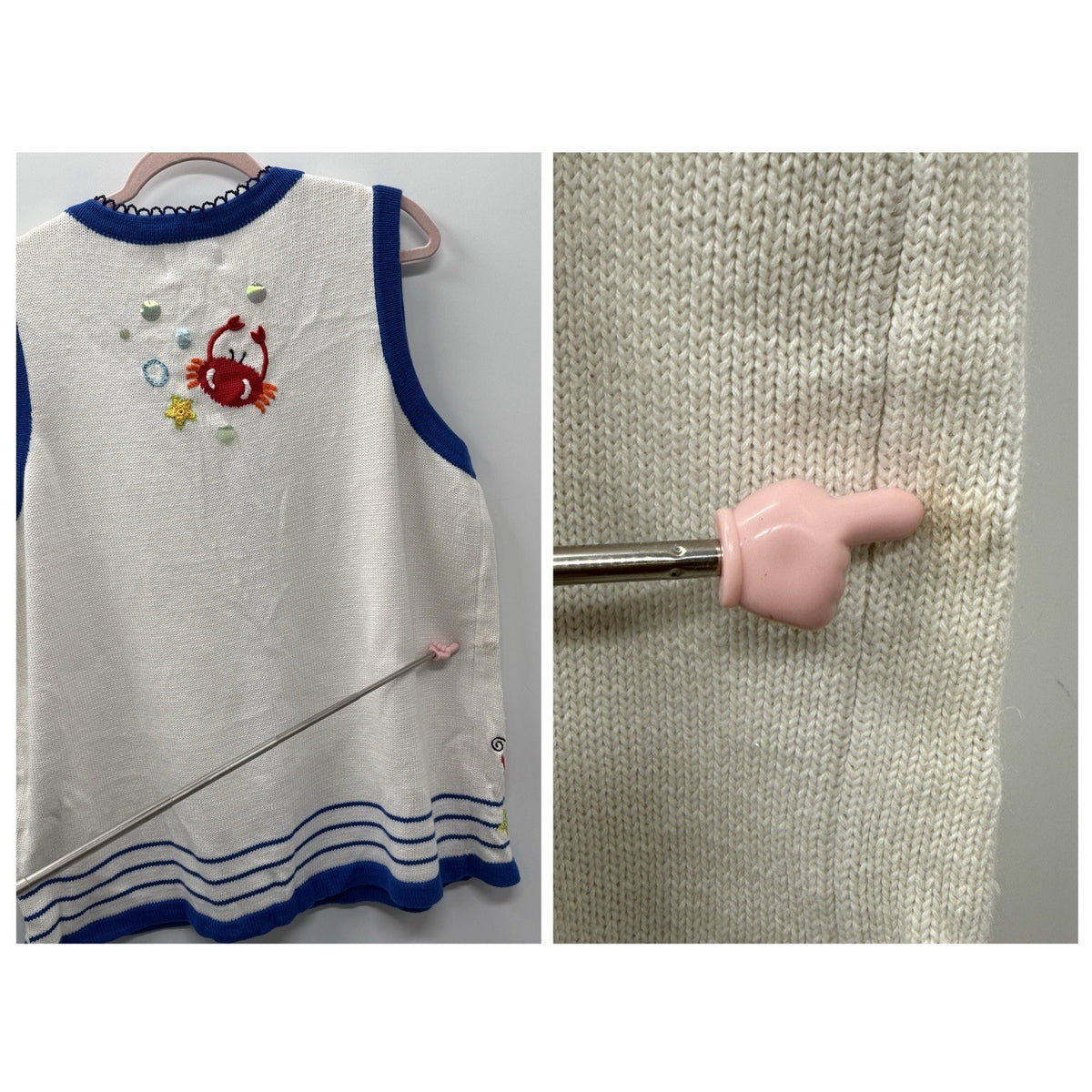 Quacker Factory 1X Nautical Crab Sweater Vest Cardigan White Blue Sequin Beach