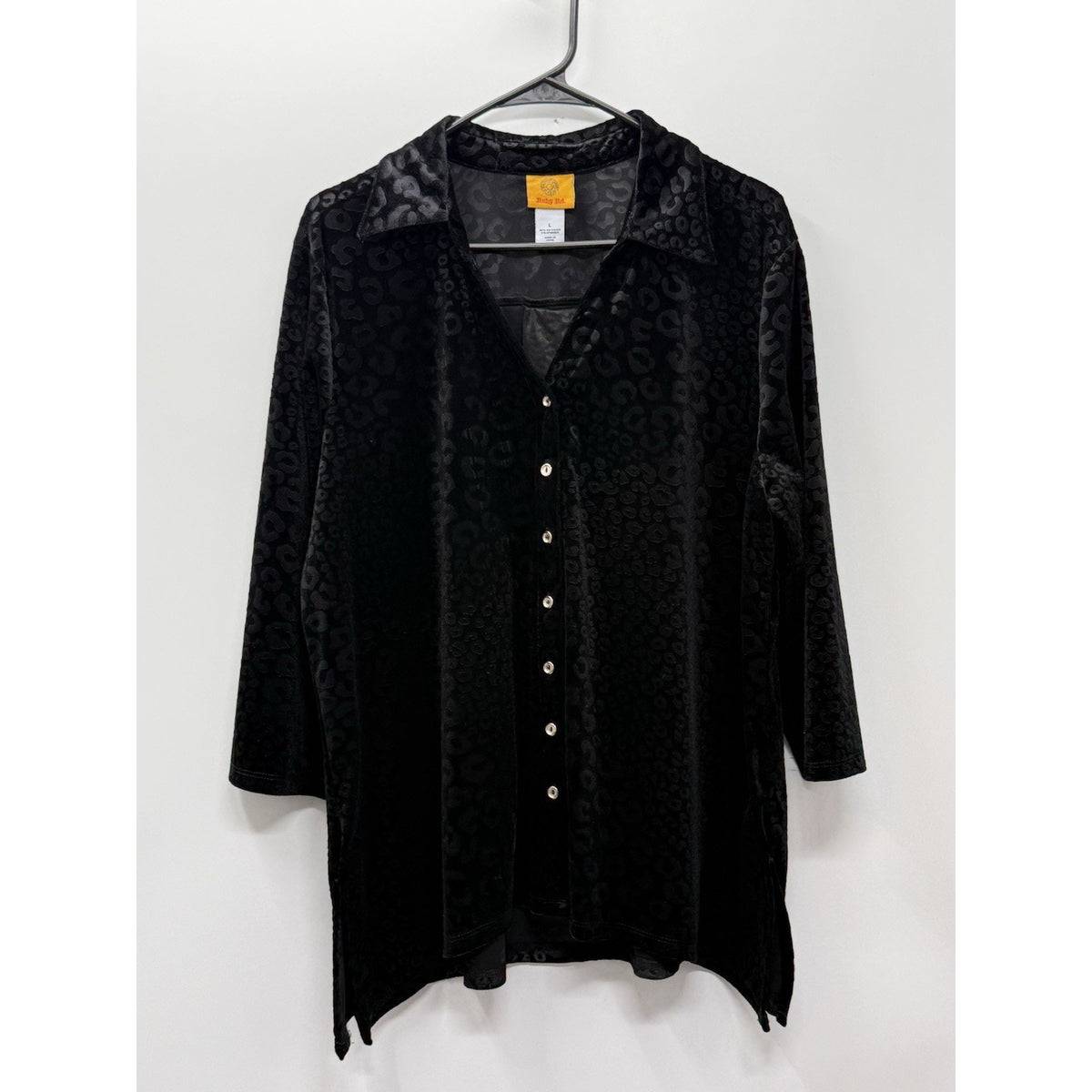 Ruby Rd Black Burnout Velvet Leopard Tunic Top Womens Large 3/4 Sleeve Stretch