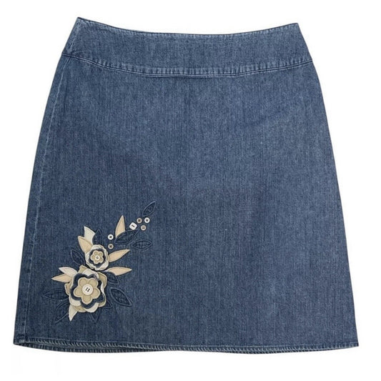 Casual Corner Annex Petite Embroidered Denim Skirt Sz 8 Boho Floral Cottage Core