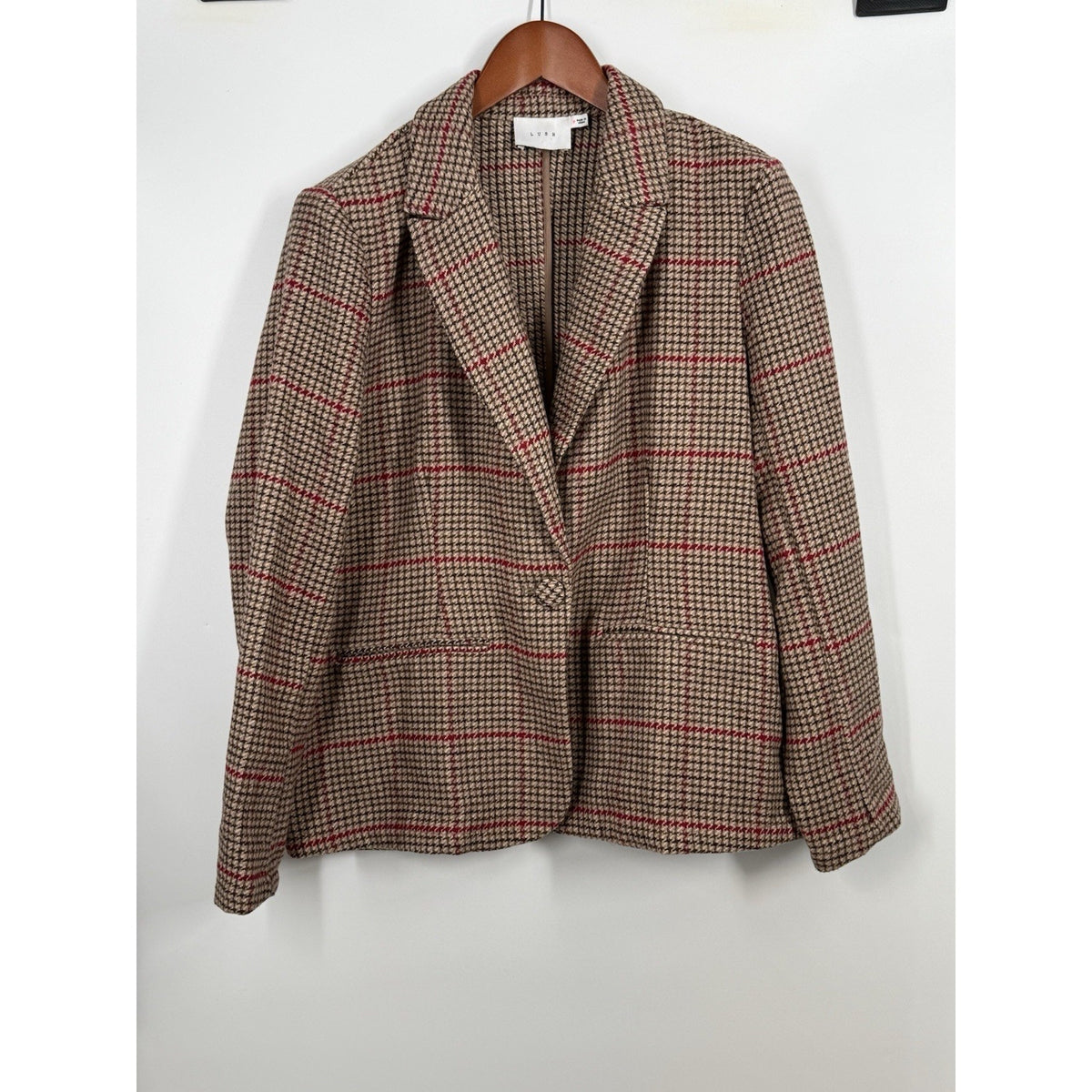 LUSH Dark, Academia Camel /Red Plaid Blazer Jacket Women Medium? One Button